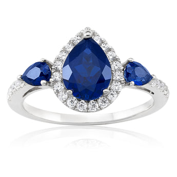 Sterling Silver Rhodium Plated Created Sapphire Pear Shape and Zirconia Ring
