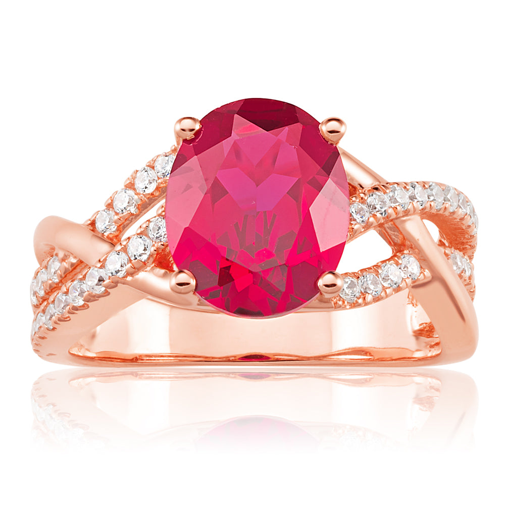 Sterling Silver Rose Gold Plated Created Ruby and Zirconia Ring