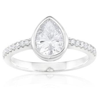Sterling Silver Rhodium Plated Zirconia Pear-Shaped Pave Set Ring
