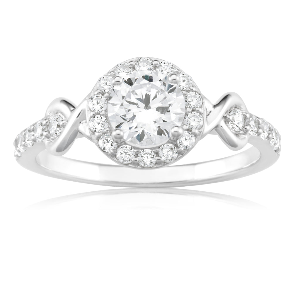 Sterling Silver Rhodium Plated Cubic Zirconia Fancy Halo Ring