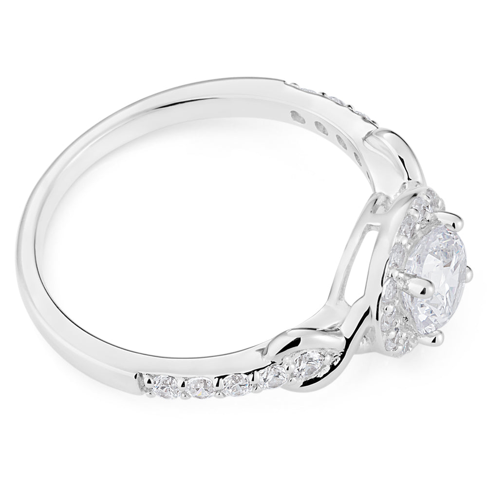 Sterling Silver Rhodium Plated Cubic Zirconia Fancy Halo Ring