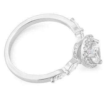 Sterling Silver Rhodium Plated Cubic Zirconia Pear Halo Ring with Marquise Band