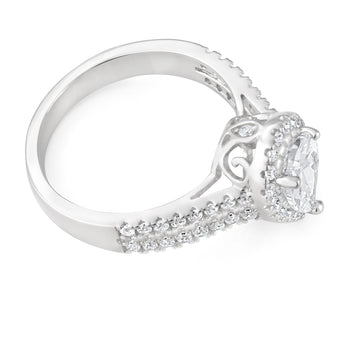 Sterling Silver Rhodium Plated Cubic Zirconia Pear Halo Ring with Double Band