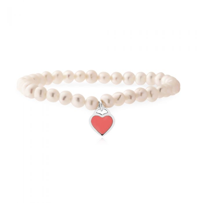 5-5.5mm White Freshwater Pearl Stretch Bracelet with Sterling Silver Pink Heart