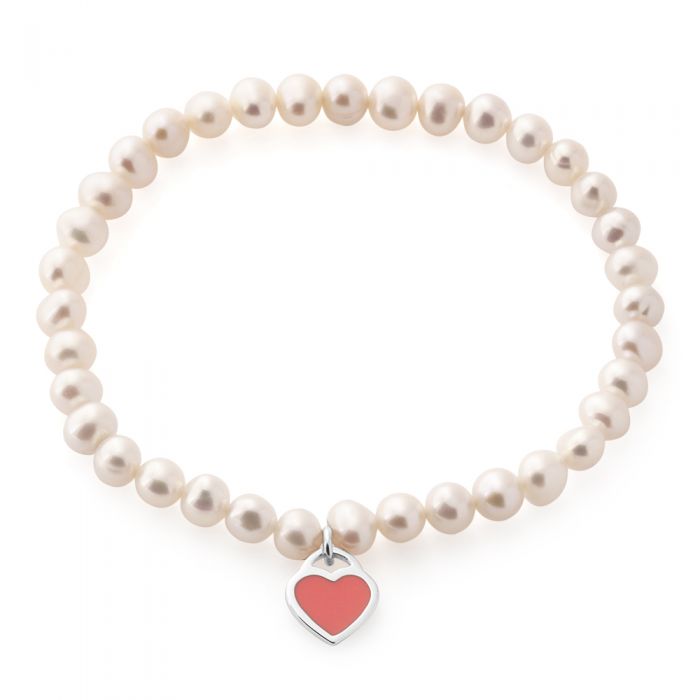 5-5.5mm White Freshwater Pearl Stretch Bracelet with Sterling Silver Pink Heart