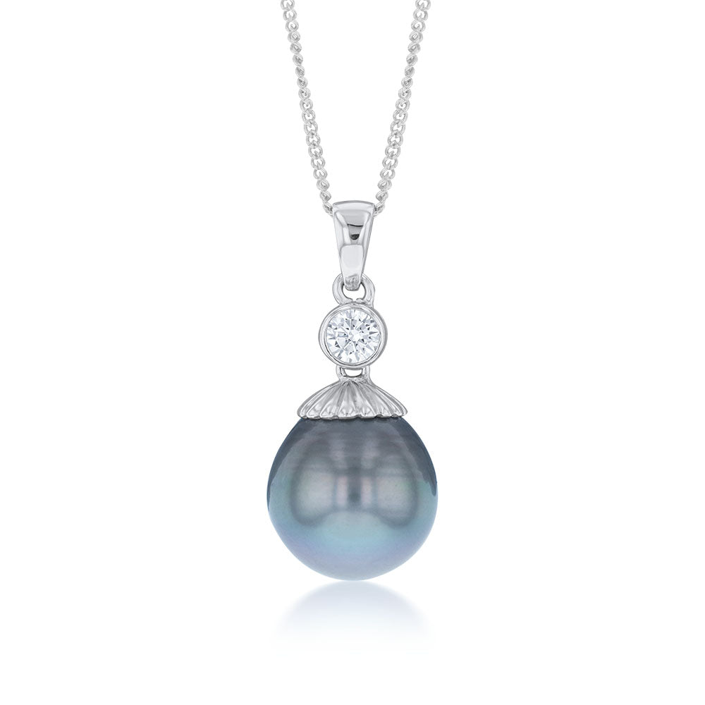 Sterling Silver Tahitian Pearl & Zirconia Pendant with 45cm Sterling S ...