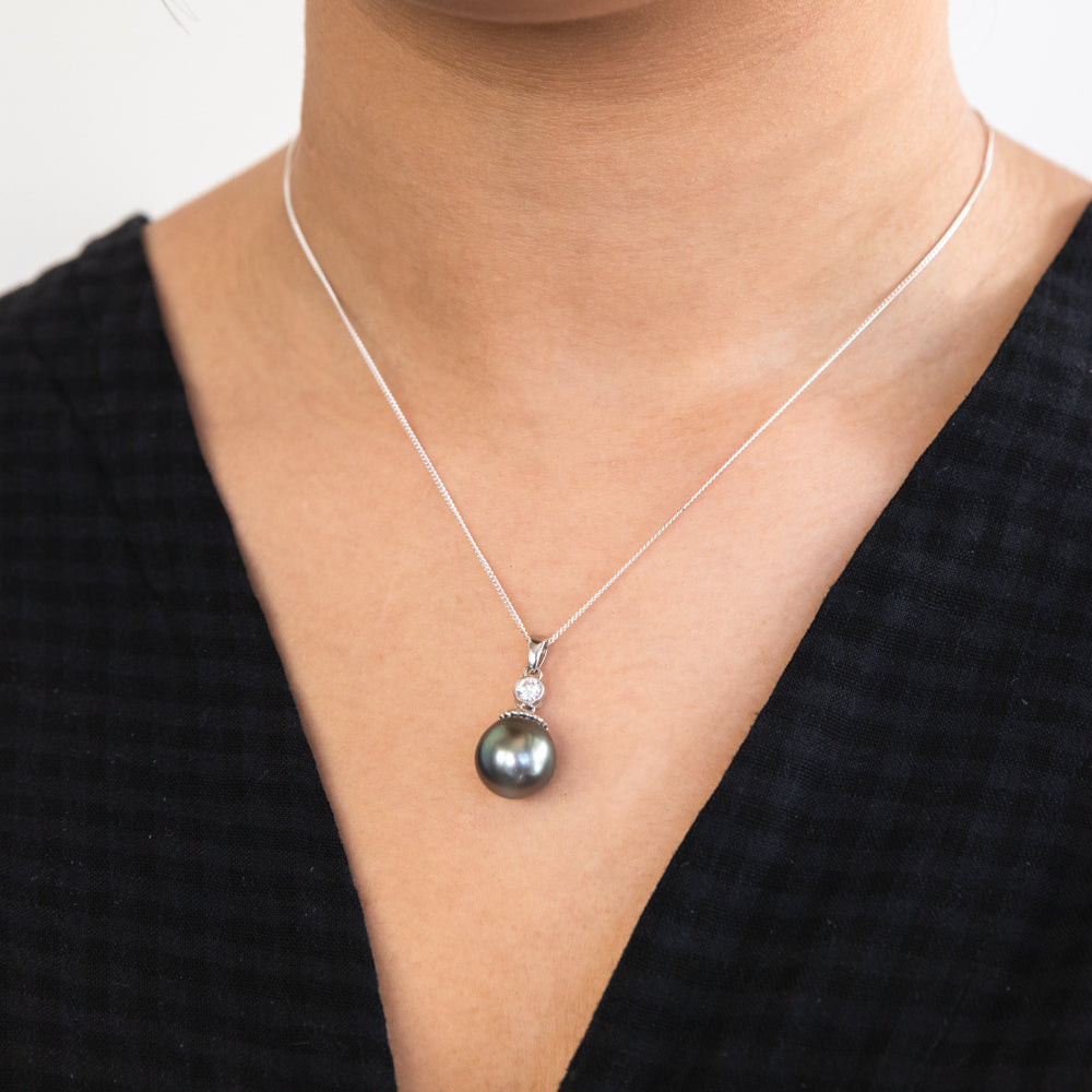 Sterling Silver Tahitian Pearl & Zirconia Pendant with 45cm Sterling Silver Chain