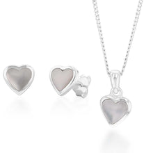 Load image into Gallery viewer, Sterling Silver Mother of Pearl Pendant and Earring Heart Set on 45cm Chain