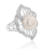 Sterling Silver Freshwater Pearl and White Zircon Fancy Ring