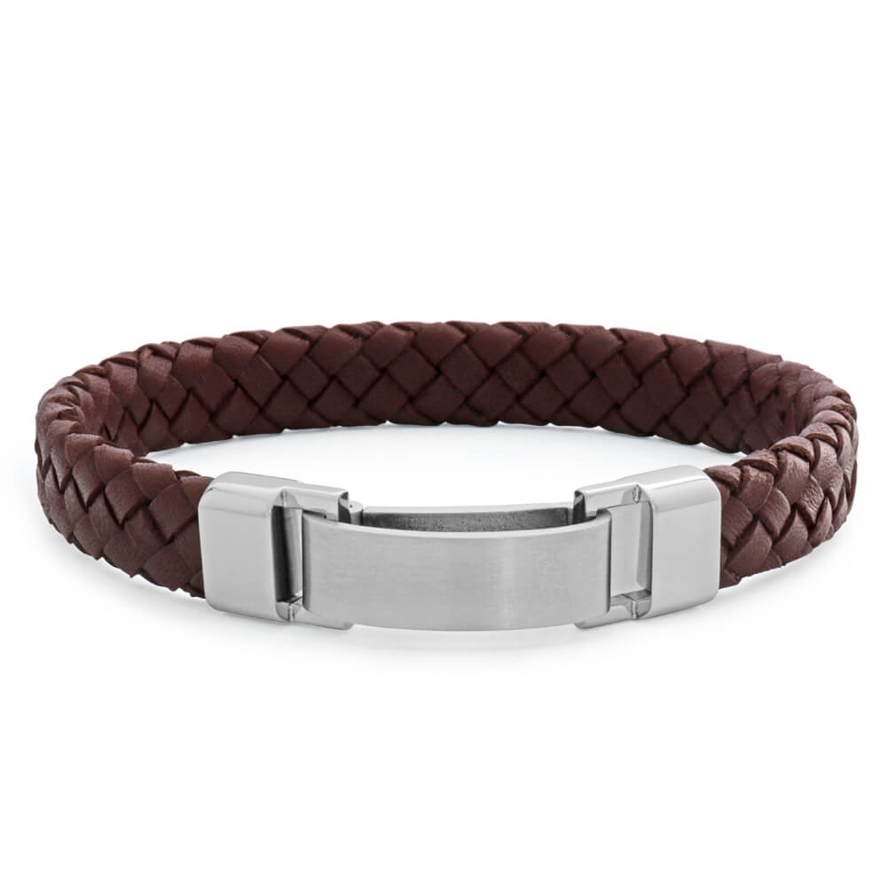 Stainless Steel and Brown Leather Gents Bracelet 21.5cm