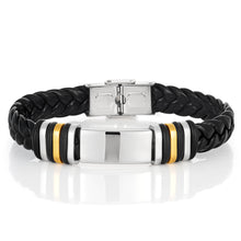 Load image into Gallery viewer, Stainless Steel Black Leather Gold Plated Gents Bracelet