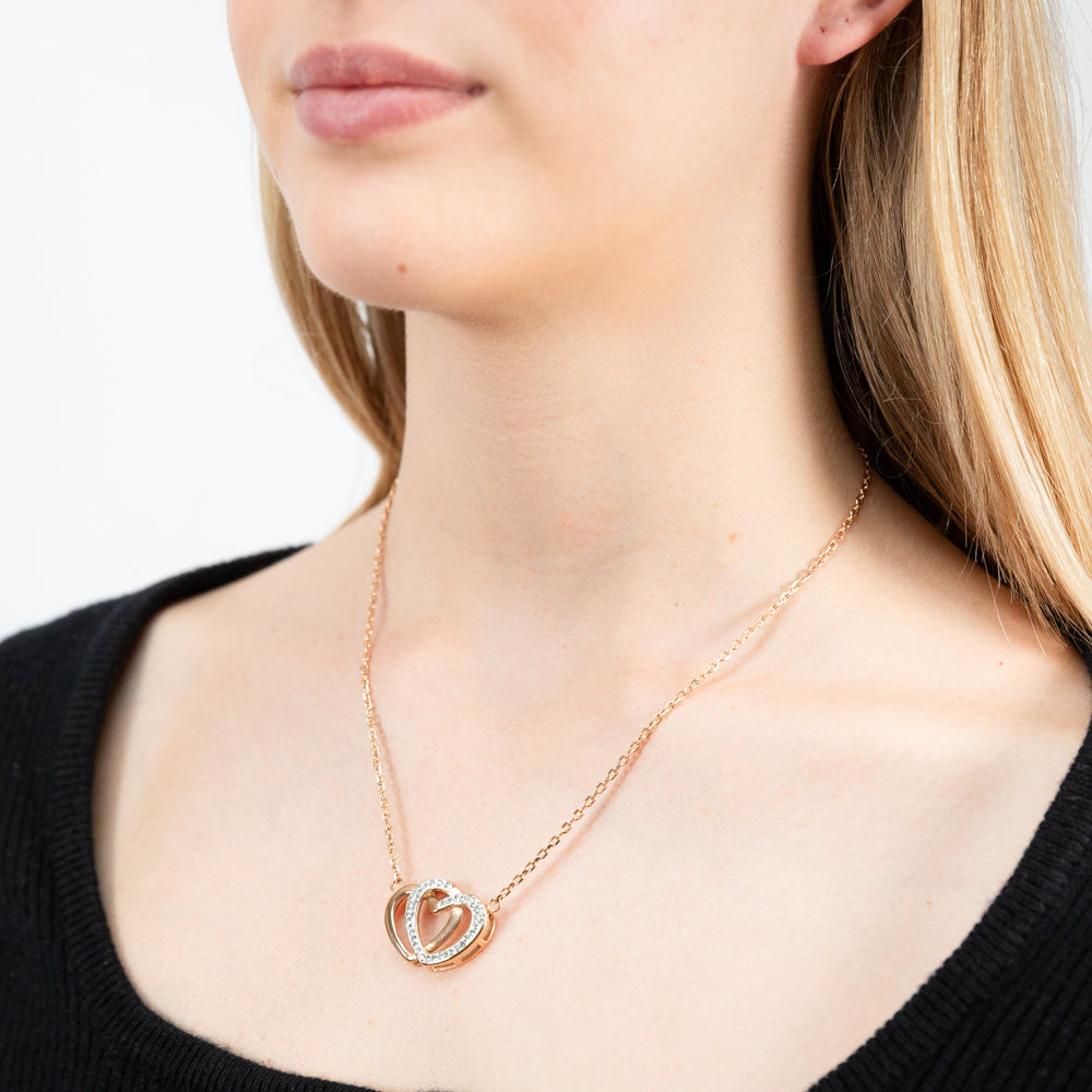 Rose Gold Plated Stainless Steel Crystal Double Heart Pendant with 43cm + 6.5cm Chain