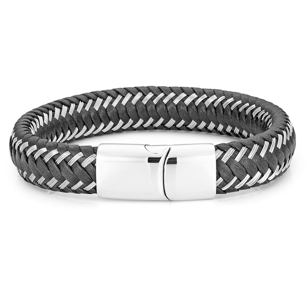 Stainless Steel Black Leather Woven Gents Bracelet