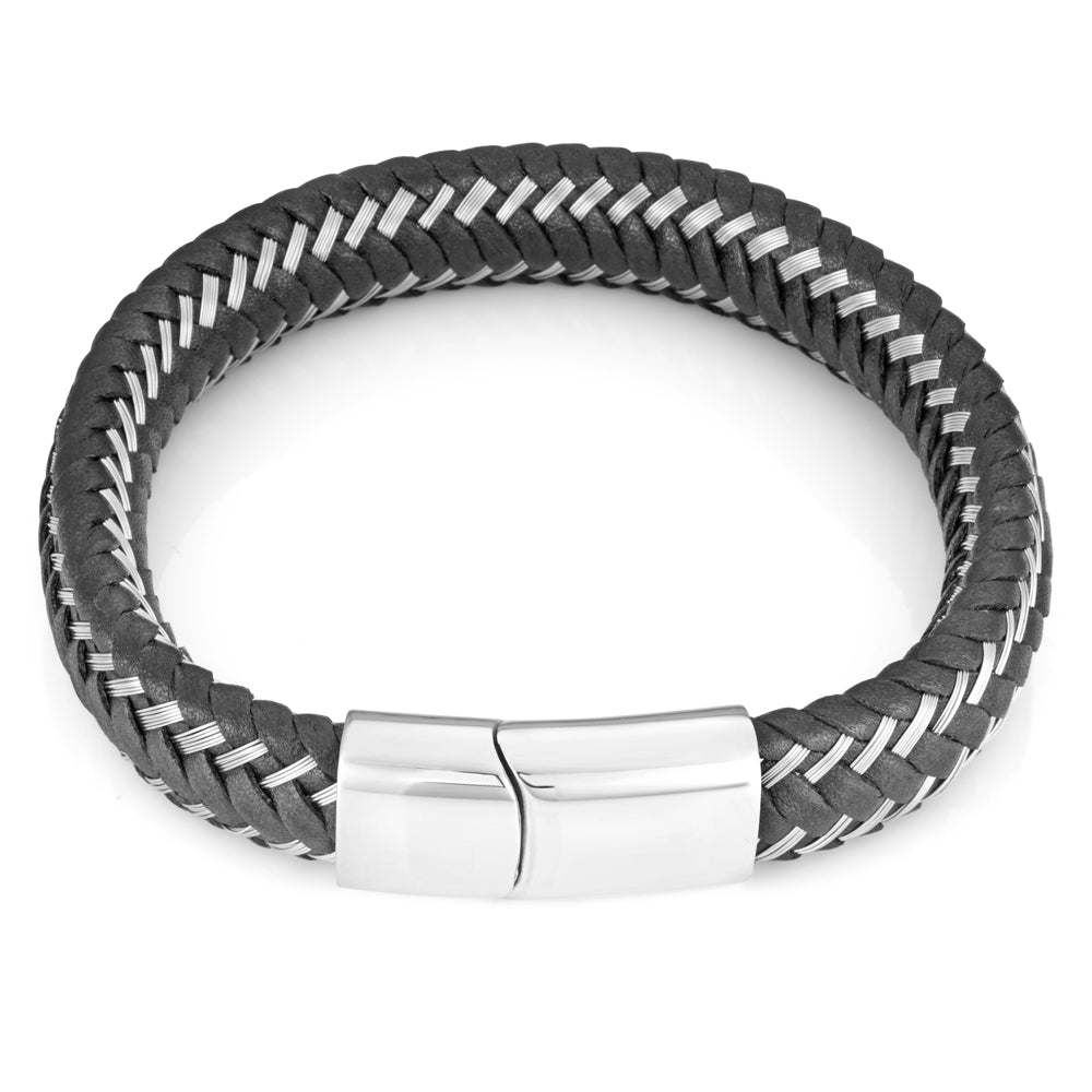 Stainless Steel Black Leather Woven Gents Bracelet