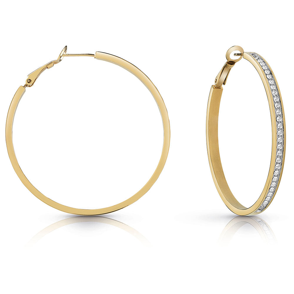 GUESS Gold Plated 50mm Front Crystal Hoops