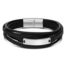 Load image into Gallery viewer, Stainless Steel and Leather Gents Magnetic Black Leather Bracelet with I.D. Plate