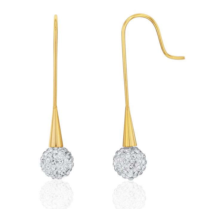 Stainless Steel Yellow Gold Plated Crystal Ball with Bar Drop Earrings
