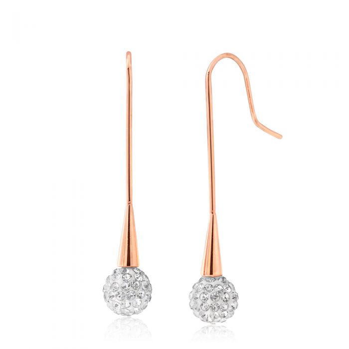 Stainless Steel Rose Gold Plated Crystal Ball with Bar Drop Earrings