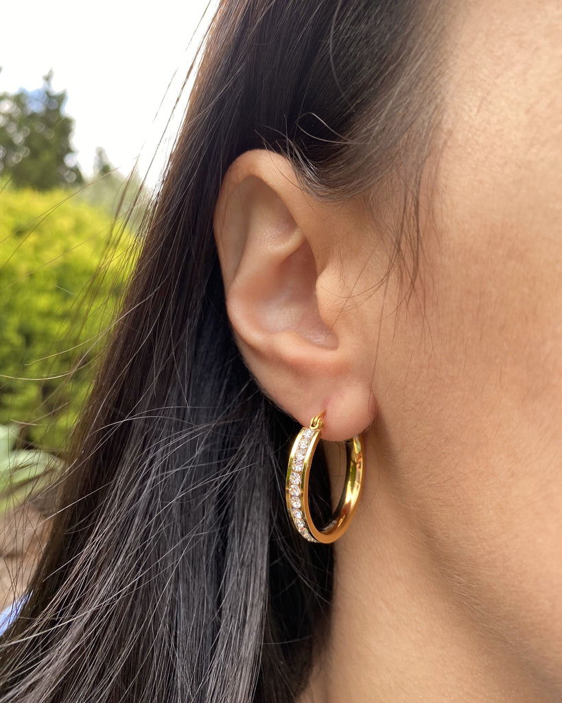 Stainless Steel Gold Plated 25mm Full Circle Crystal Hoop Earrings