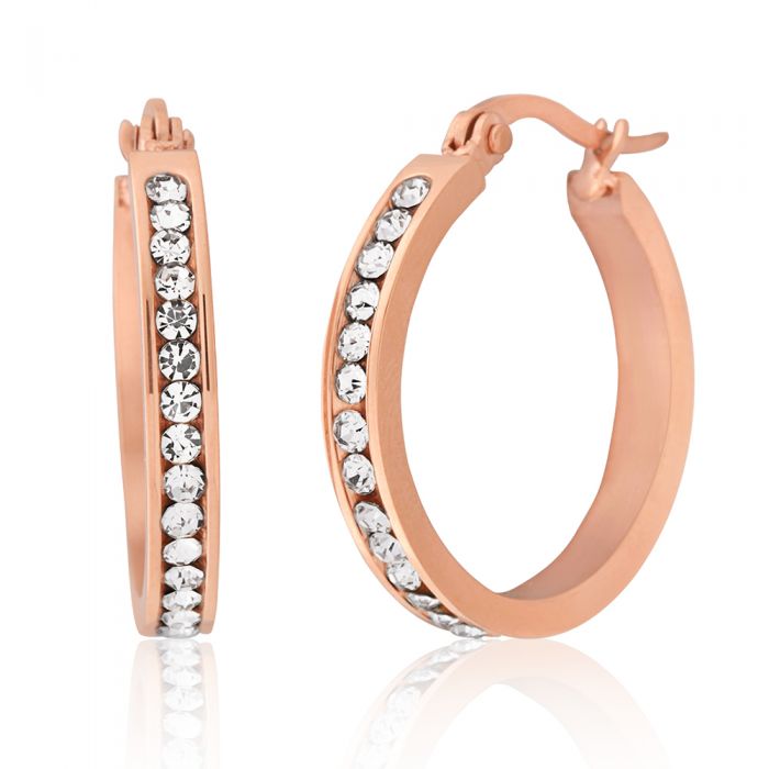 Stainless Steel Rose Gold Plated 25mm Full Circle Crystal Hoop Earrings