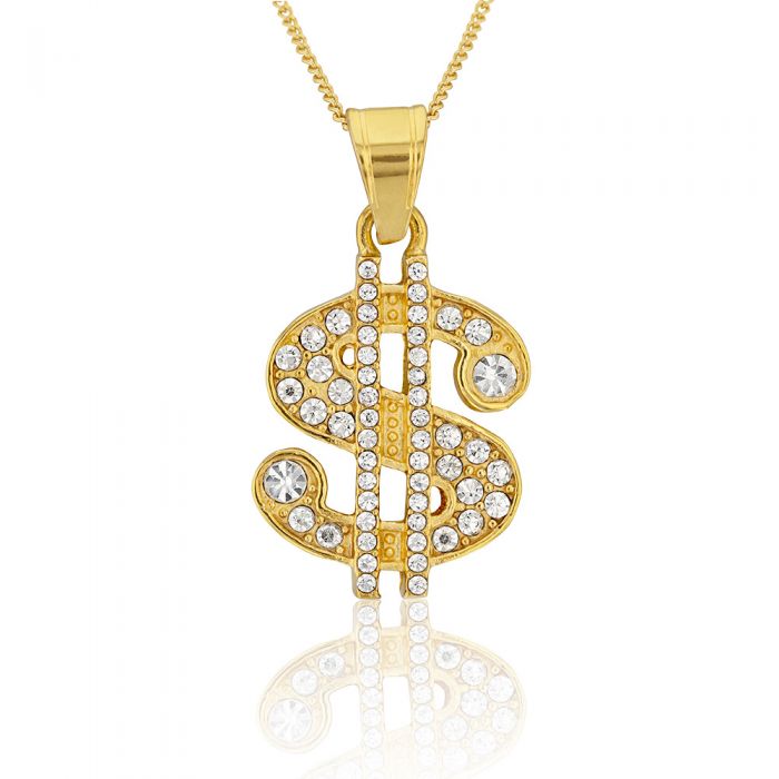 Stainless Steel Gold Plated Crystal Set Dollar Sign Pendant