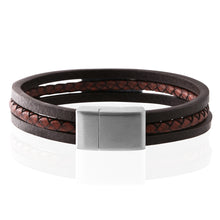 Load image into Gallery viewer, Stainless Steel 3 Band Woven Plait and Plain Strap Leather Bracelet