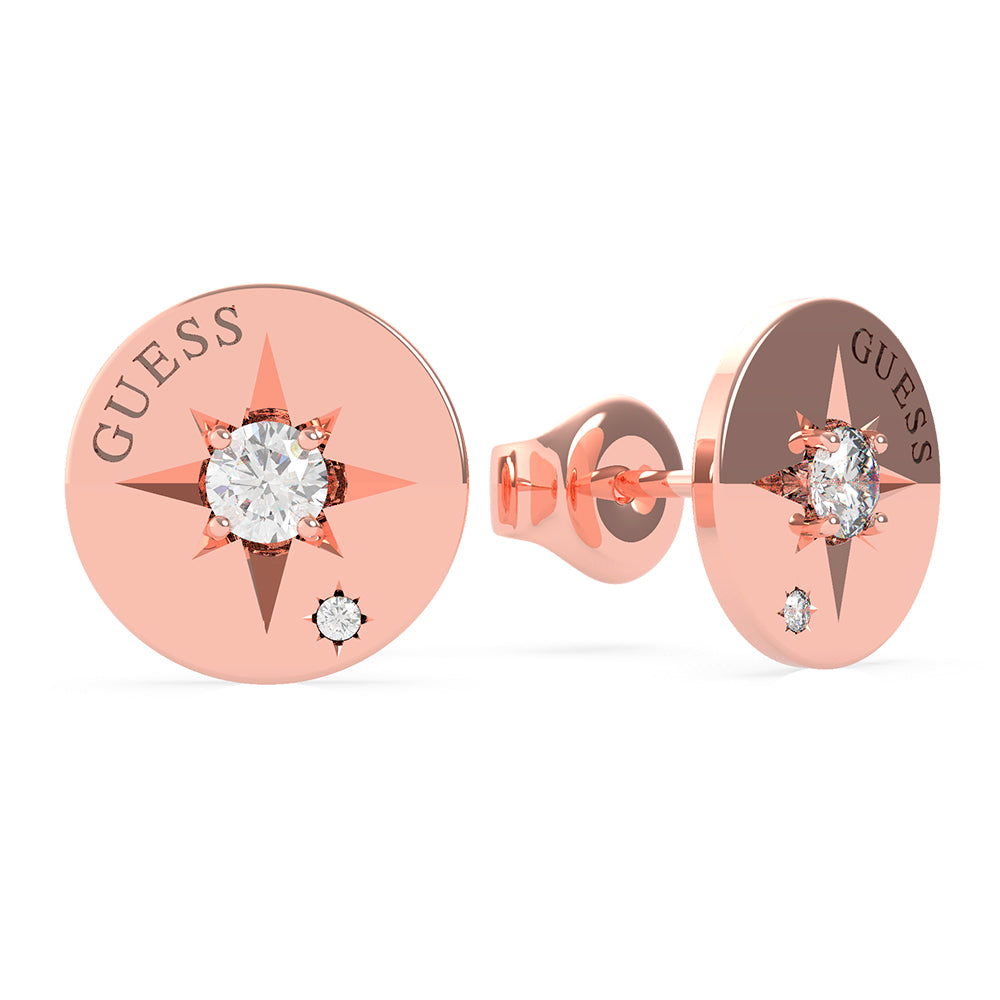 GUESS Engr Compass & Crystal Stud Earring SST+RGP