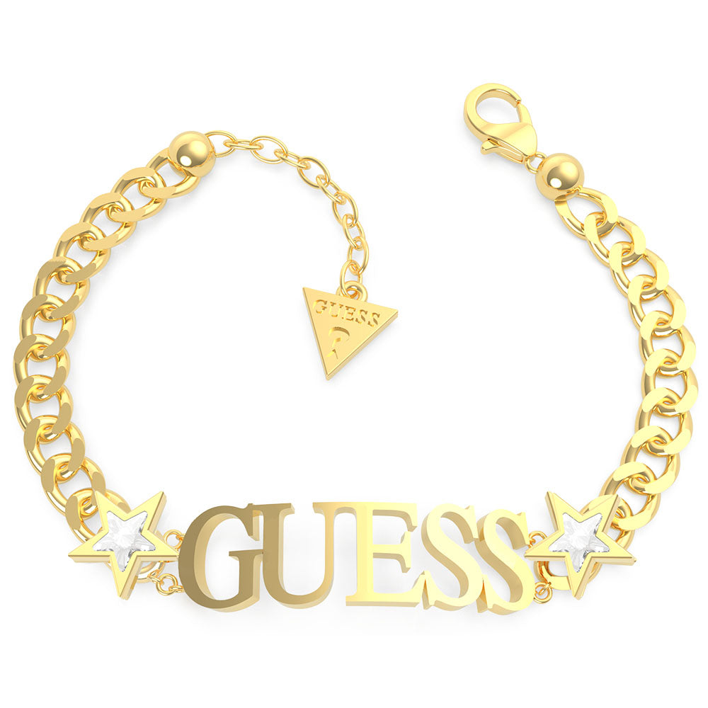 GUESS Gold Plated Stainless Steel Curb Chain Logo & Stars Bracelet