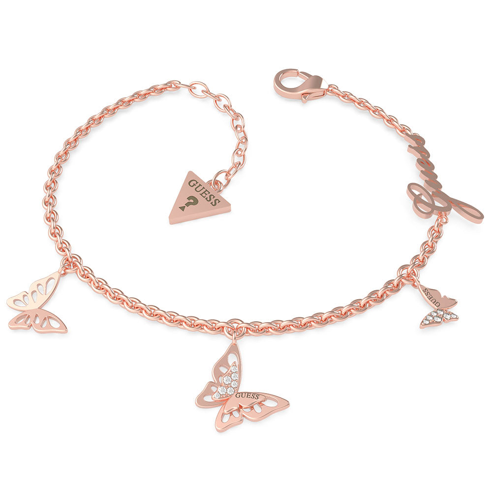 GUESS Rose Gold Plated Stainless Steel Small Chain & Butterflies Bracelet