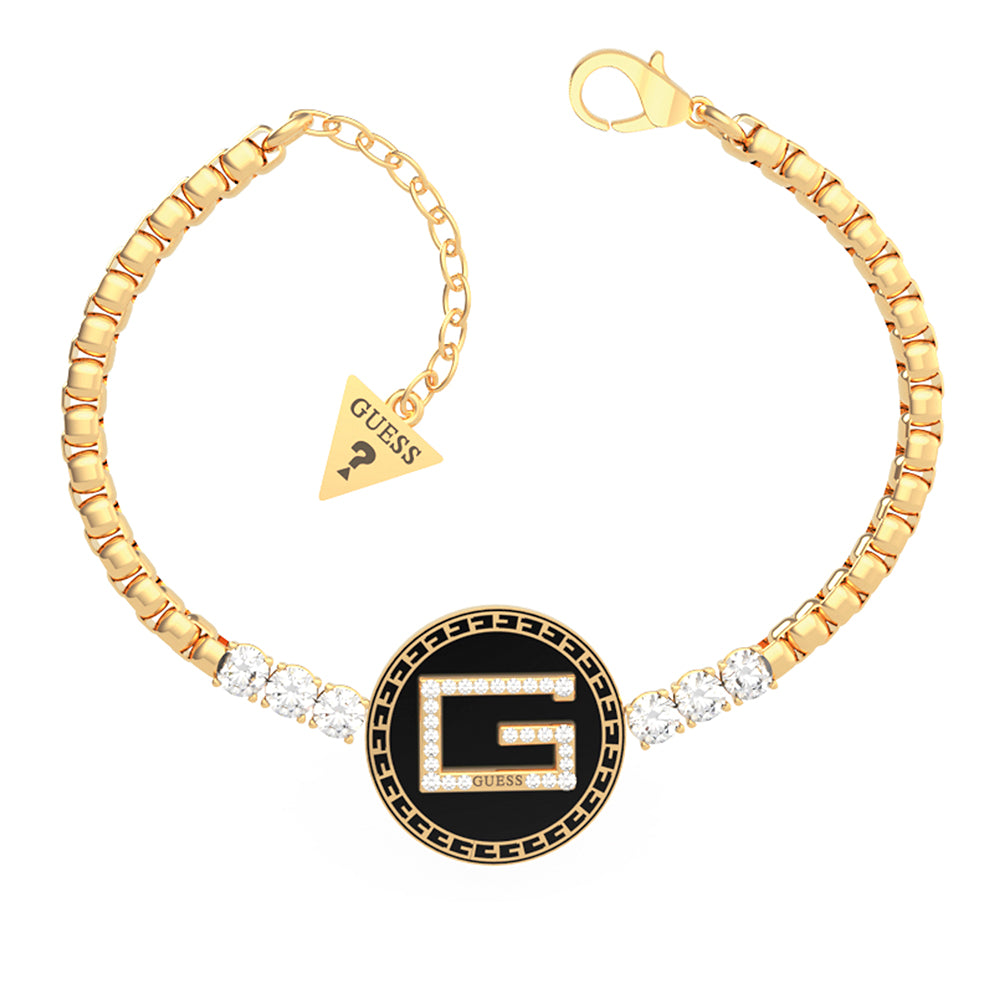 Guess Gold Plated Stainless Steel 20mm Black G Coin & Crystals Bracelet