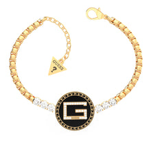 Load image into Gallery viewer, Guess Gold Plated Stainless Steel 20mm Black G Coin &amp; Crystals Bracelet