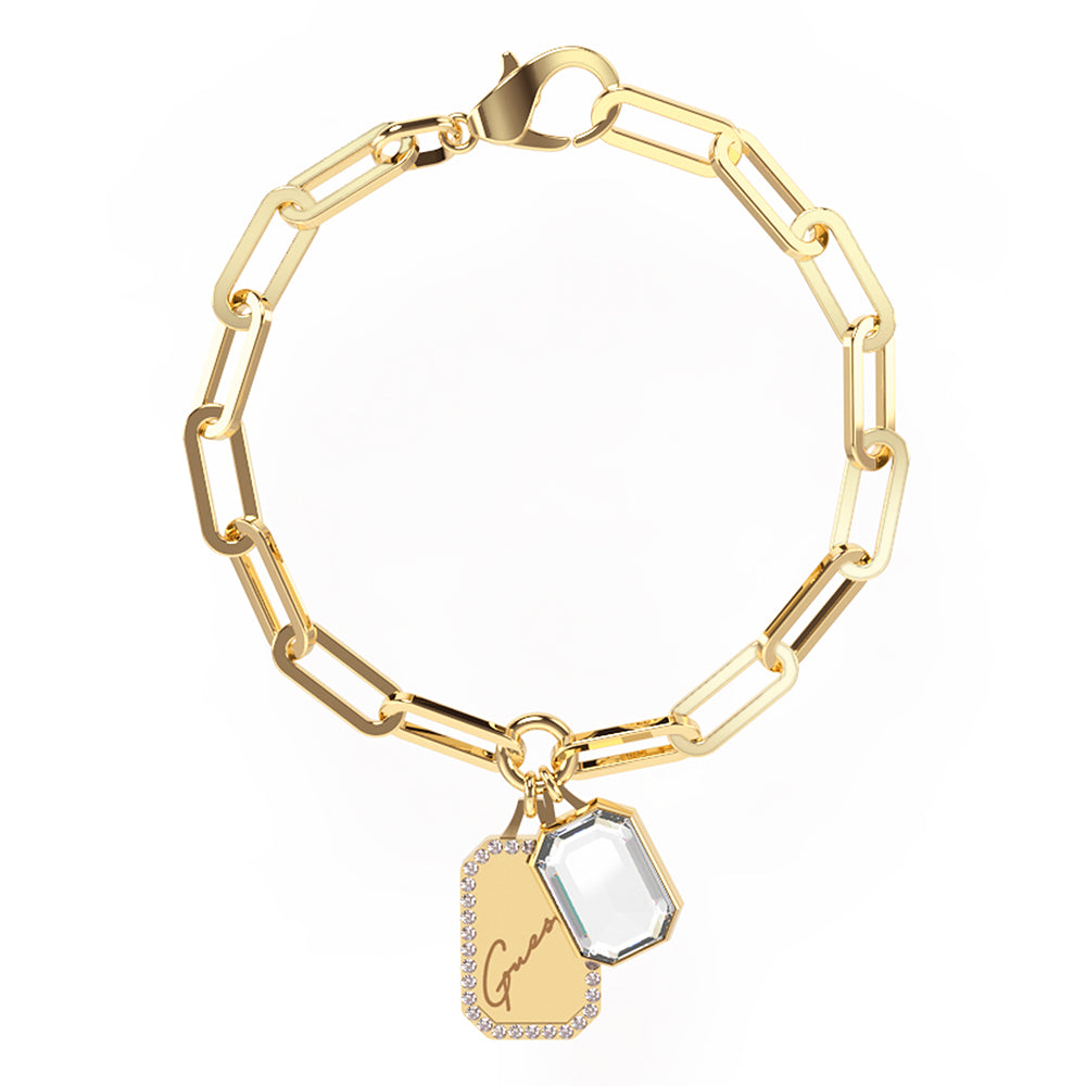 Guess Gold Plated Stainless Steel Bold Chain Tag And Crystals Bracelet