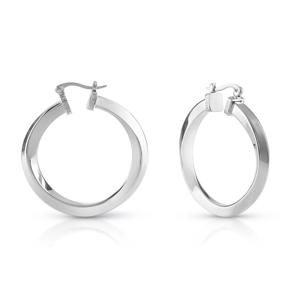 Guess Rhodium Plated Stainless Steel 55mm Plain Twisted Hoop Earrings