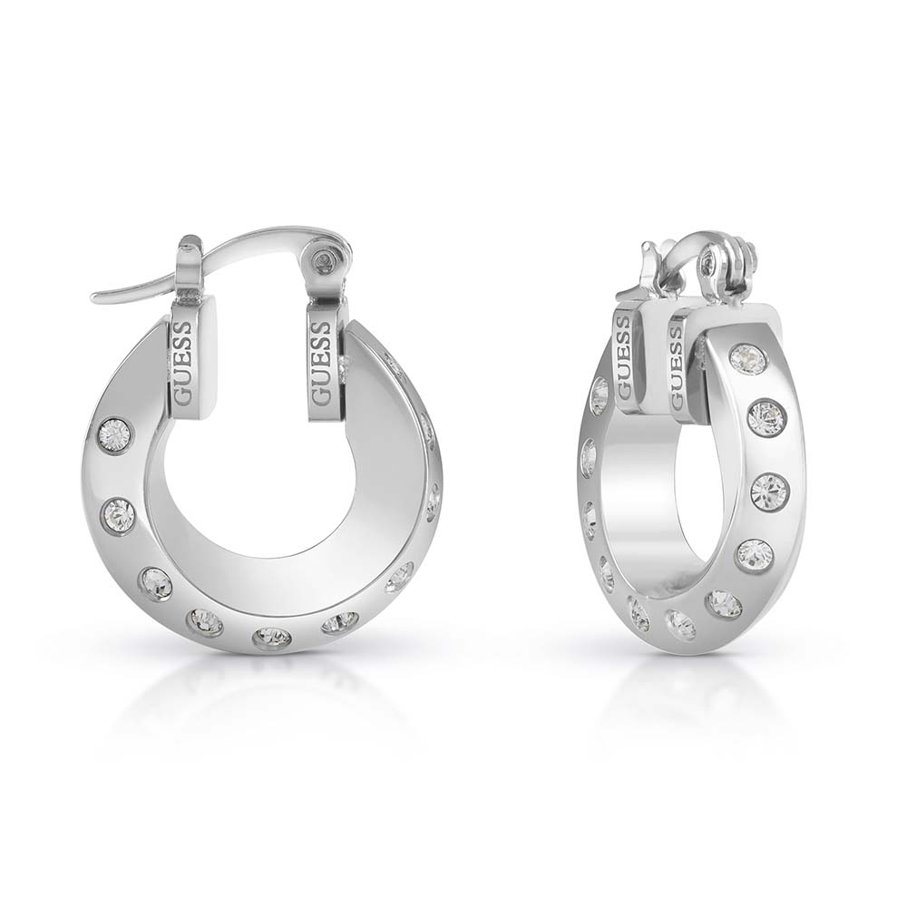 Guess Rhodium Plated Stainless Steel 18mm Twisted Hoop And CZ Earrings