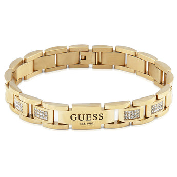 Guess Mens Jewellery Gold Plated White Cubic Zirconia 12mm Flat Chain Bracelet