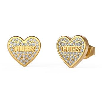 Guess Yellow Gold Plated 11mm Pave Logo Heart Stud Earrings