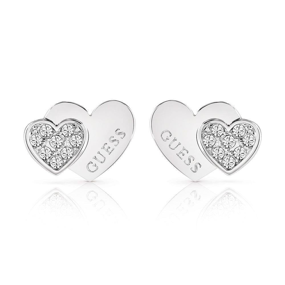 Guess Stainless Steel Double Heart Pave Stud Earrings