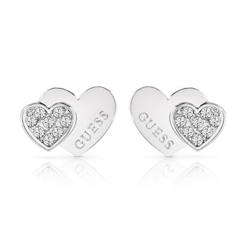 Guess Stainless Steel Double Heart Pave Stud Earrings