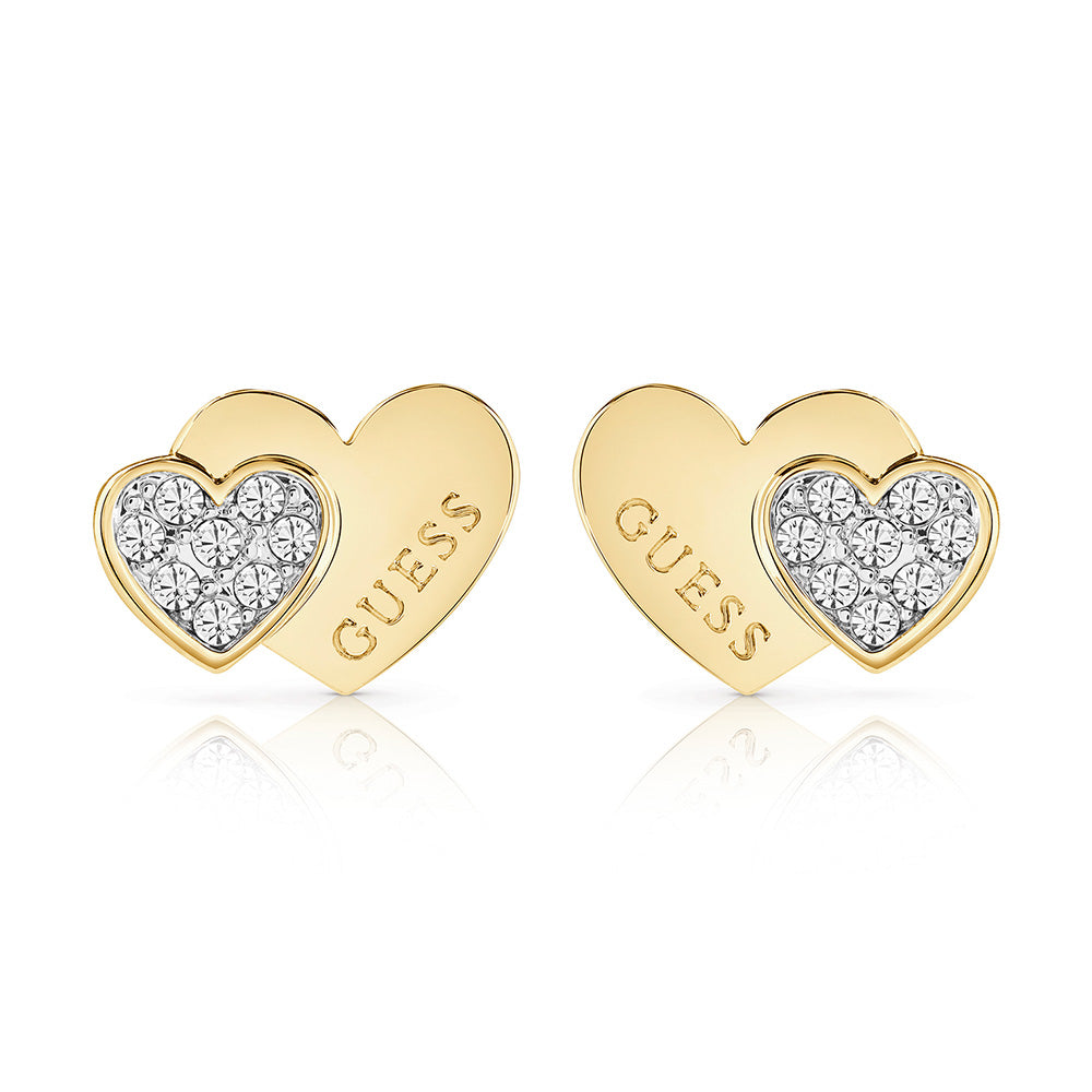 Guess Yellow Gold Plated Double Heart Pave Stud Earrings