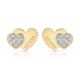 Guess Yellow Gold Plated Double Heart Pave Stud Earrings