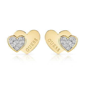 Guess Yellow Gold Plated Double Heart Pave Stud Earrings