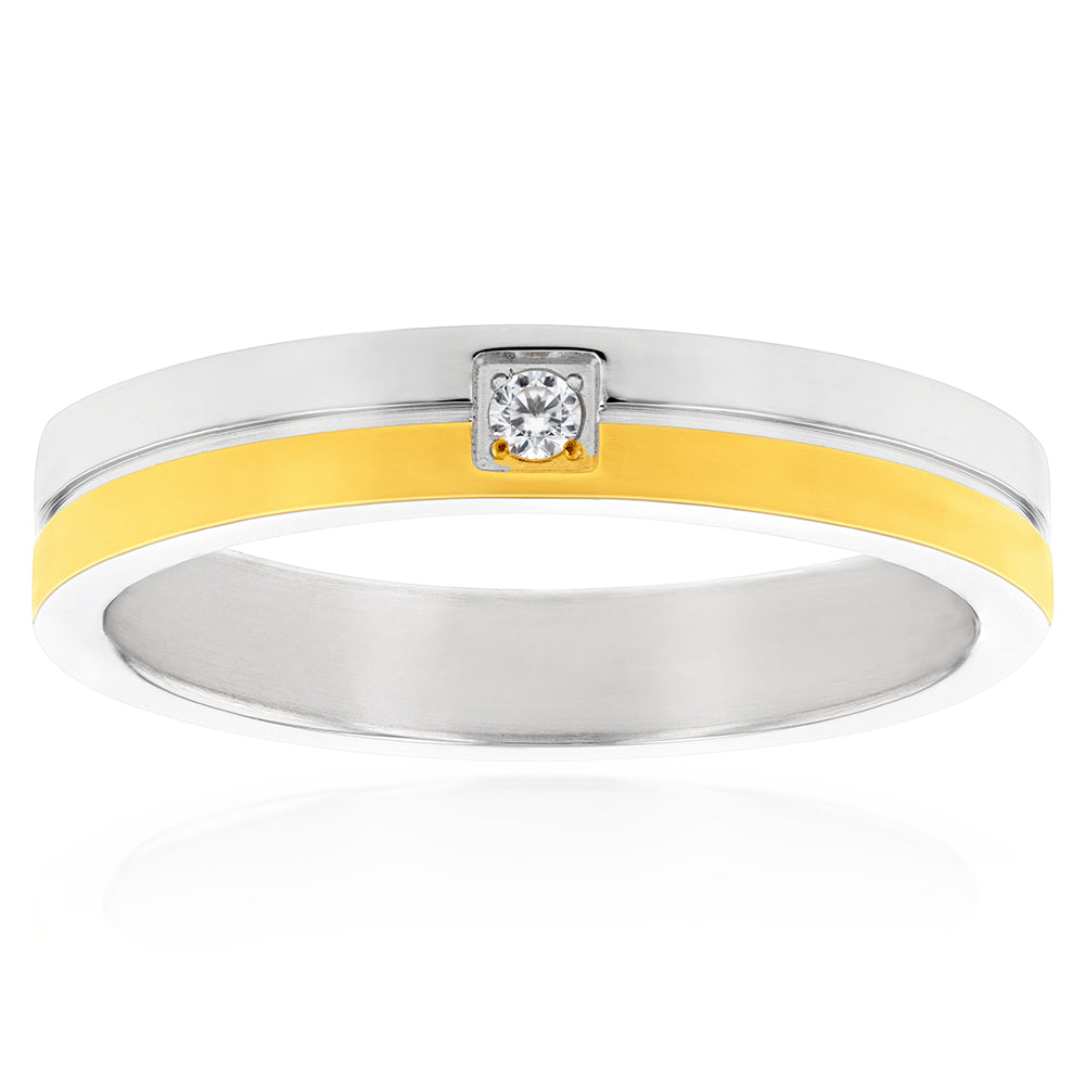 Stainless Steel Two Tone Cubic Zirconia Ring